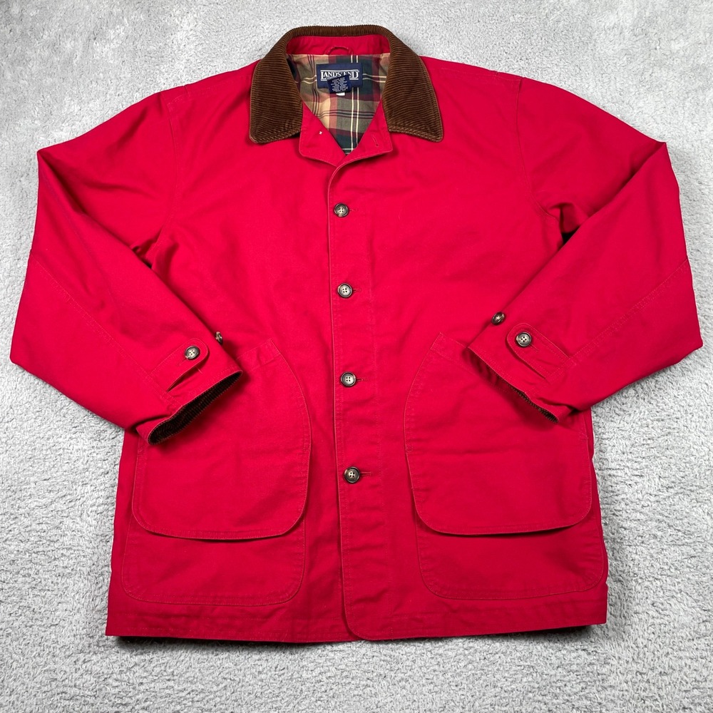 VTG Lands End Barn Coat Mens Large Tall Red Canvas Plaid Lined Corduroy Collar